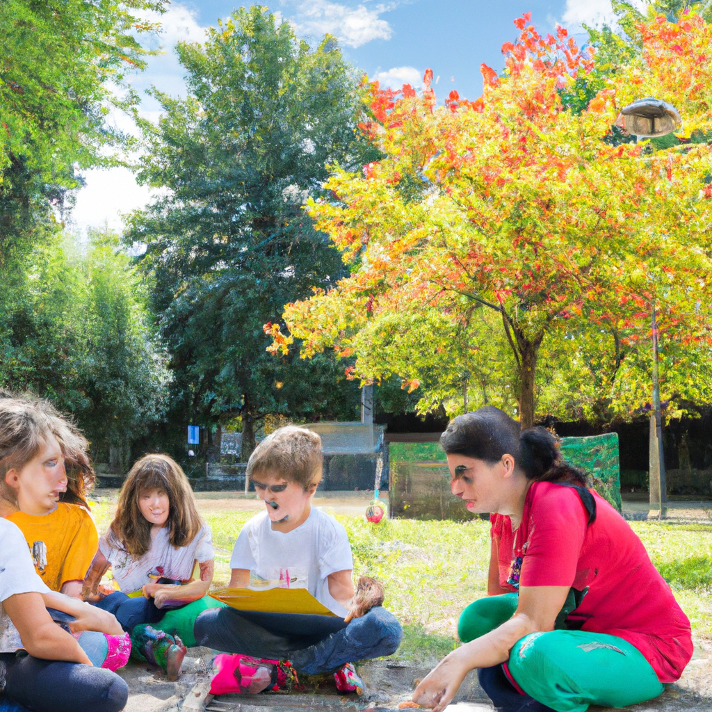 Insegnante con bambini in giardino botanico